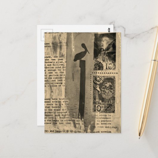 Sepia Pelikaan mixed media collage Briefkaart (Voorkant / Achterkant in situ)
