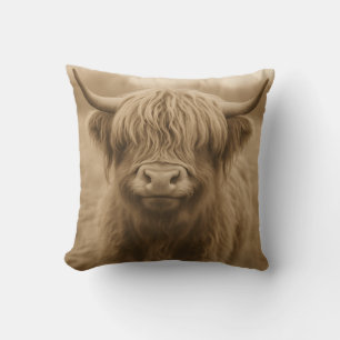 Sepia Portret van Highland Koe Kussen