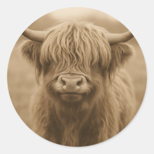 Sepia Portret van Hooglandrund Ronde Sticker