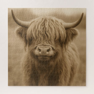Sepia Portret van Schotse Hooglander Koe Legpuzzel