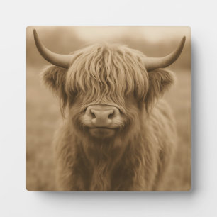 Sepia Portret van Schotse Hooglanders Koe Fotoplaat