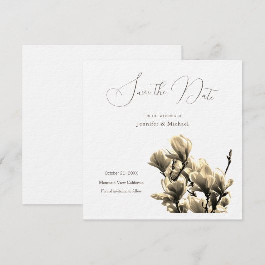 Sepia Professionele Minimalistische Bloemenmagnoli Save The Date (Voorkant / Achterkant)
