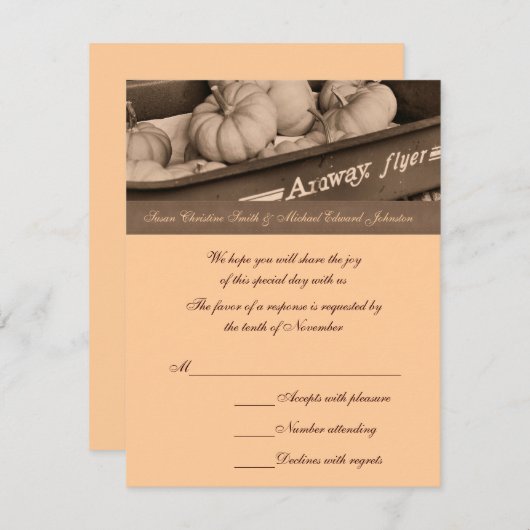 Sepia Pumpkins Wagon Wedding Response RSVP Card (Voorkant / Achterkant)