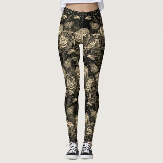 Sepia Raven Evermore met Rozen en Hawkmoths Leggings (Voorkant)