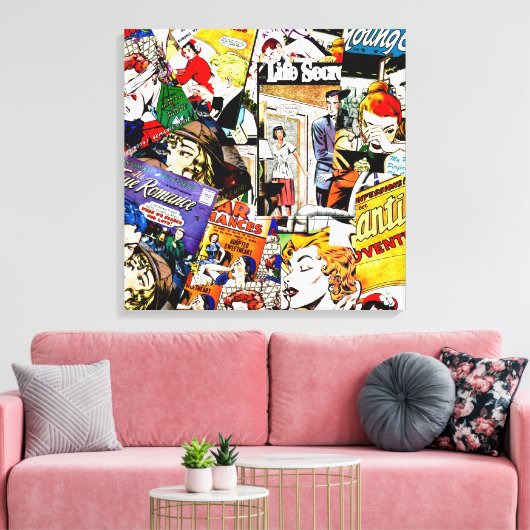 Sepia Romance Comic Book Cover Jumble Collage Canvas Afdruk (Insitu (Woonkamer))