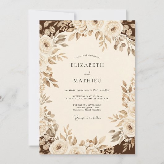 Sepia Romantic Floral Wedding Kaart (Voorkant)