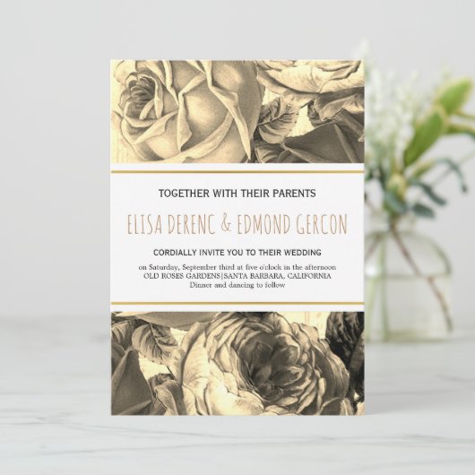 Sepia  rozen florale huwelijksuitnodiging kaart (Staand voorkant)