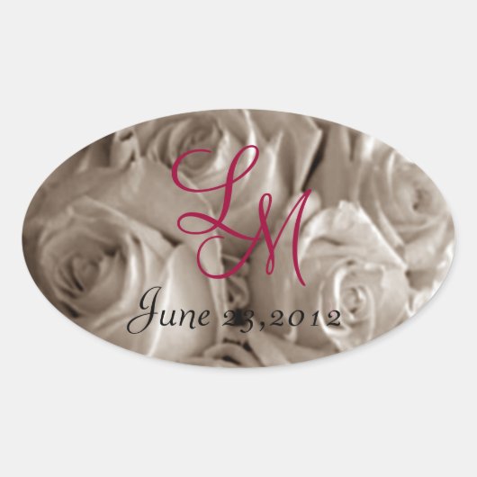 Sepia Rozen & Monogram Initialen Ovale Sticker (Voorkant)