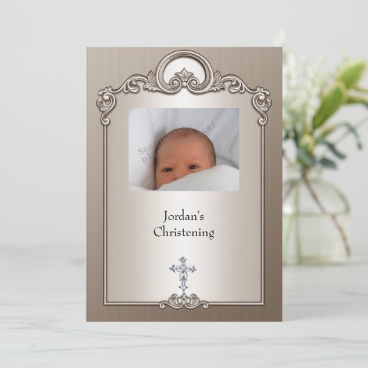 Sepia Silver Photo Lijst Jewel Cross Christening Kaart (Staand voorkant)