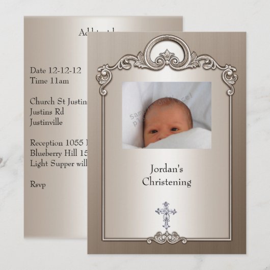 Sepia Silver Photo Lijst Jewel Cross Christening Kaart (Voorkant / Achterkant)