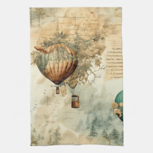 Sepia Steampunk Heet Luchtballon Wereldkaart Theedoek