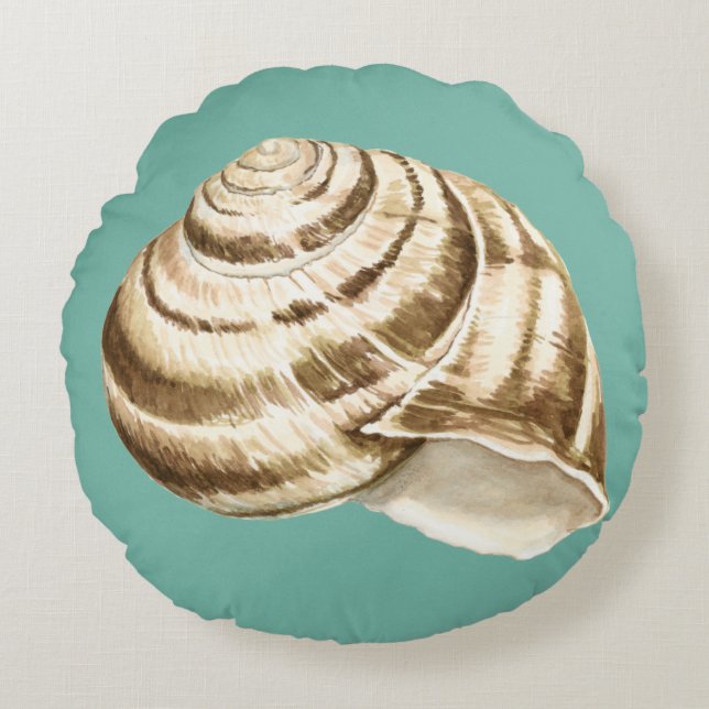 Sepia Striped Shell op Blauwgroen Rond Kussen (Voorkant)