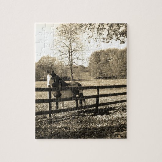 Sepia Tone Foto van het zwarte en witte paard Legpuzzel (Verticaal)