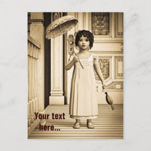Sepia Vintage Meisje Paraplu Kunst Briefkaart