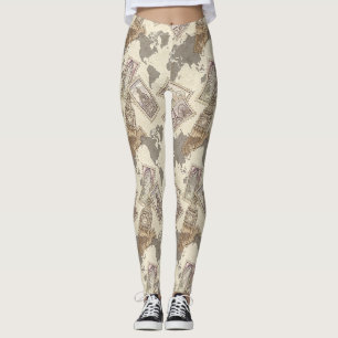 Sepia Vintage Reisstempel met Wereldkaart Leggings