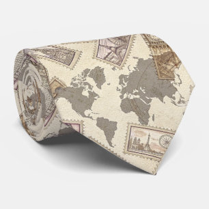 Sepia Vintage Reisstempel met Wereldkaart Stropdas