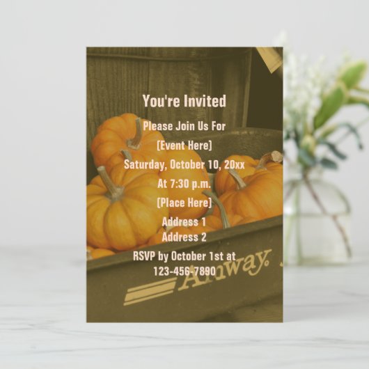 Sepia Wagen Oranje Pompoenen Herfst Feestje Kaart (Staand voorkant)