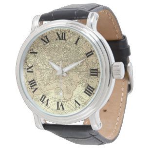 Sepia Wereldkaart met Roman Numerals Horloge