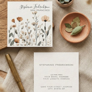 Sepia Wilde Bloem Botanische Kalligrafie Crème Vierkante Visitekaartje