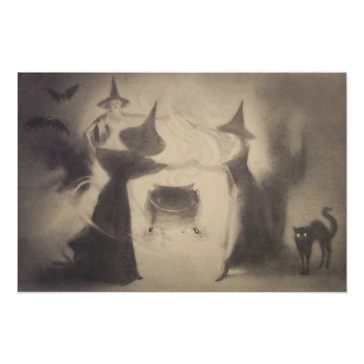Sepia Witch Bat Night Cauldron Black Cat Foto Afdruk (Voorkant)