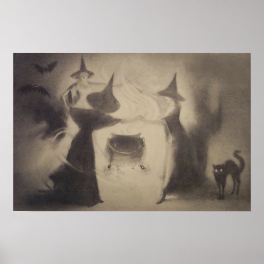 Sepia Witch Bat Night Cauldron Black Cat Poster (Voorkant)