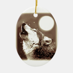 Sepia Wolf en Moon Keramisch Ornament