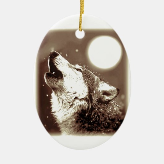 Sepia Wolf en Moon Keramisch Ornament (Voorkant)