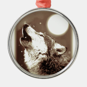 Sepia Wolf en Moon Metalen Ornament