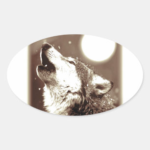 Sepia Wolf en Moon Ovale Sticker