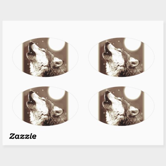 Sepia Wolf en Moon Ovale Sticker (Vel)
