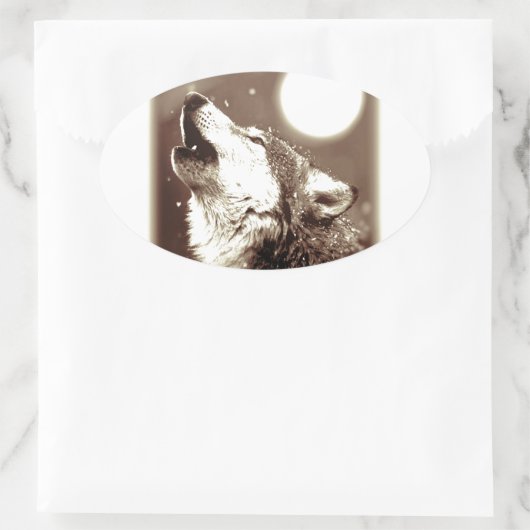 Sepia Wolf en Moon Ovale Sticker (Tas)