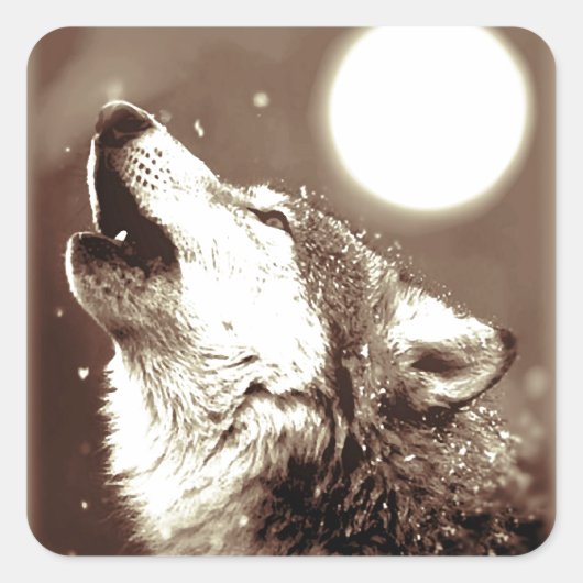 Sepia Wolf en Moon Vierkante Sticker (Voorkant)