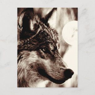 Sepia Wolf Face & Moon Briefkaart