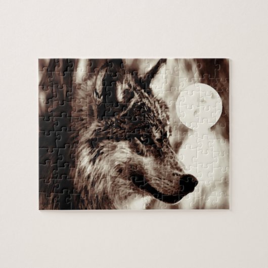 Sepia Wolf Motivatie Vrijheid Night Fullmoon Legpuzzel (Horizontaal)