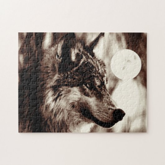 Sepia Wolf Motivatie Vrijheid Night Fullmoon Legpuzzel (Horizontaal)