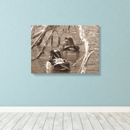 Sepia Wood Duck Pair Canvas Afdruk (Insitu (Houten vloer))