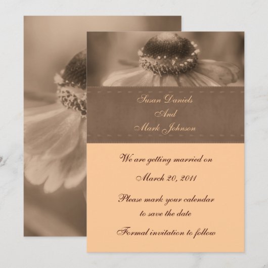 Sepia Zinnia Flower Wedding Save the Date Kaart (Voorkant / Achterkant)