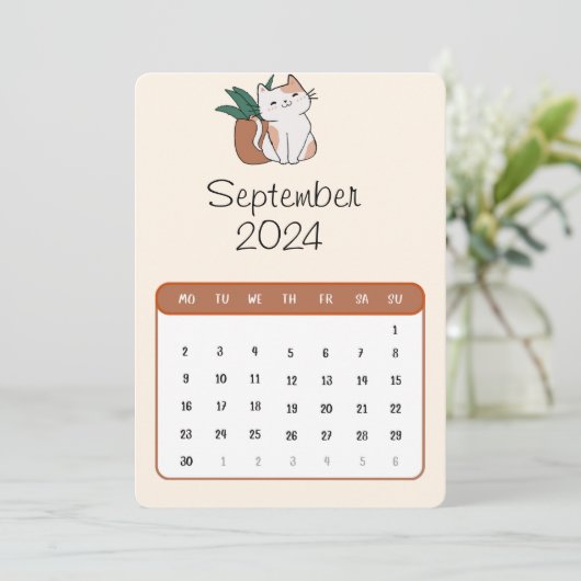 September 2024 Stand Alone Kat en Plant Kalender Menu (Staand voorkant)