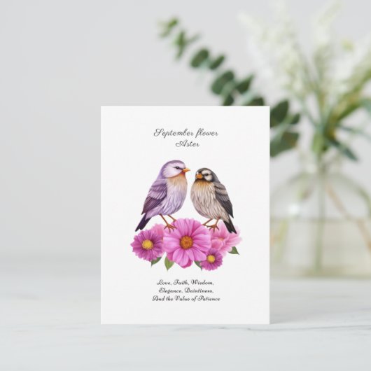 September Aster Bloem met Vogels Geboortegeschenk (Staand voorkant)