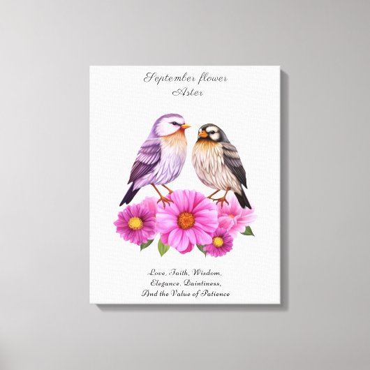 September Aster Bloem met Vogels Geboortegeschenk Canvas Afdruk (Voorkant)