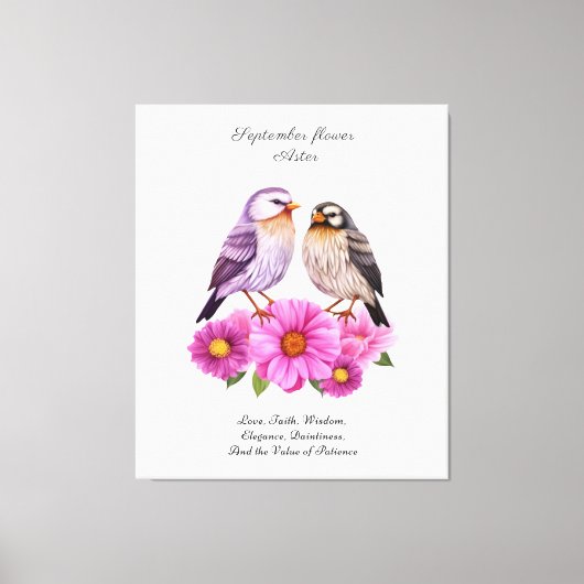 September Aster Bloem met Vogels Geboortegeschenk Canvas Afdruk (Voorkant)