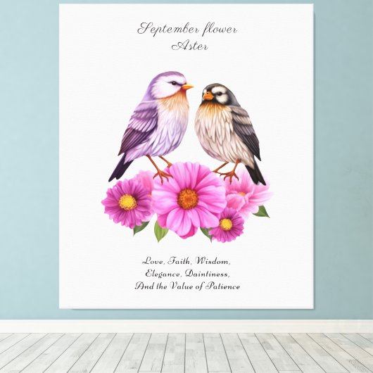 September Aster Bloem met Vogels Geboortegeschenk Canvas Afdruk (Insitu (Houten vloer))