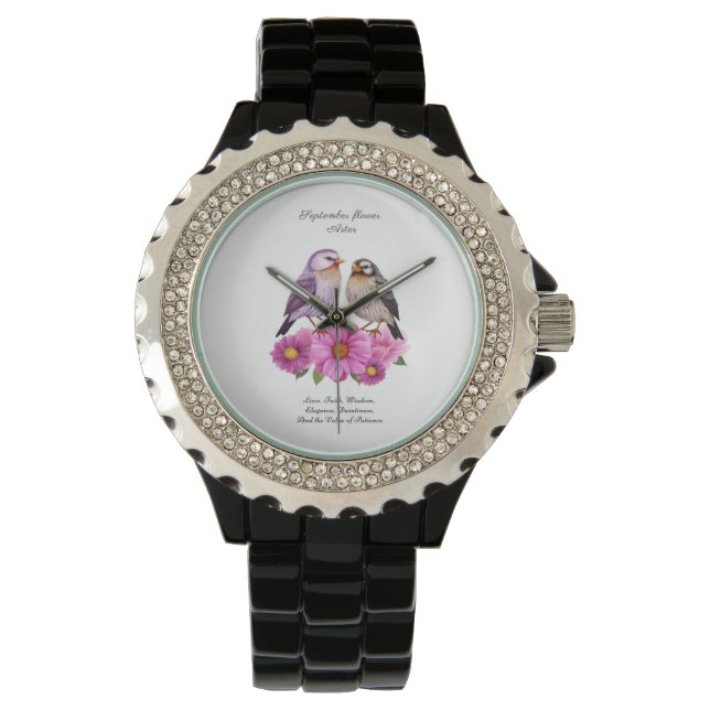 September Aster Bloem met Vogels Geboortegeschenk Horloge (Voorkant)