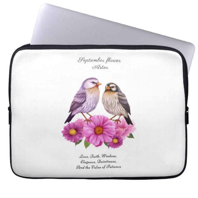 September Aster Bloem met Vogels Geboortegeschenk Laptop Sleeve (Voorkant)