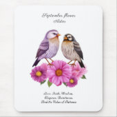 September Aster Bloem met Vogels Geboortegeschenk Muismat (Voorkant)