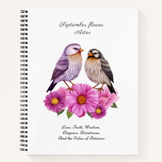 September Aster Bloem met Vogels Geboortegeschenk Notitieboek (Voorkant)