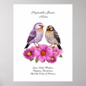 September Aster Bloem met Vogels Geboortegeschenk Poster (Voorkant)