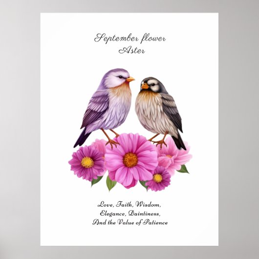 September Aster Bloem met Vogels Geboortegeschenk Poster (Voorkant)