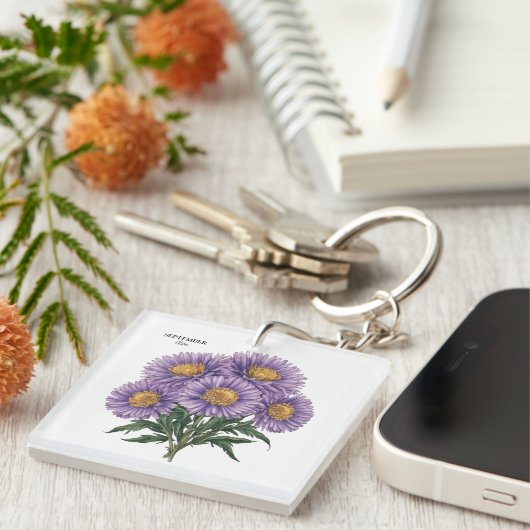 September Aster Geboorte Maand Custom Bloemen Kuns Sleutelhanger (Voorkant Rechts)