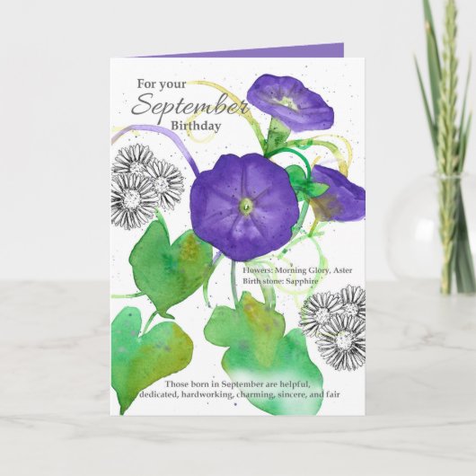 September Birthday Morning Glory Asters Botanical Kaart (Voorkant)